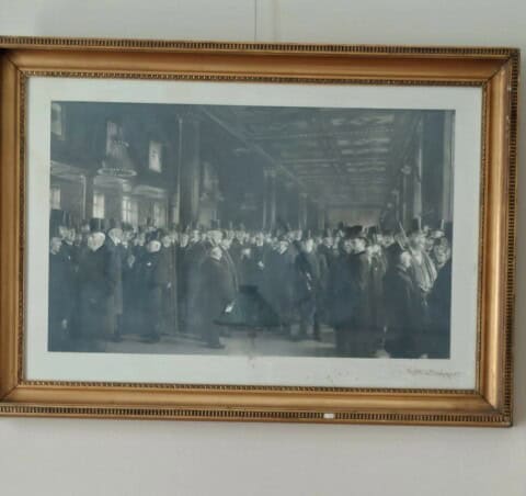 foto af Krøyers børs-maleri med C.F. Tietgen i forgrunden